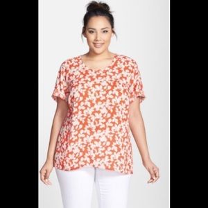 Halogen Print Roll Sleeve Woven Plus Size Top
